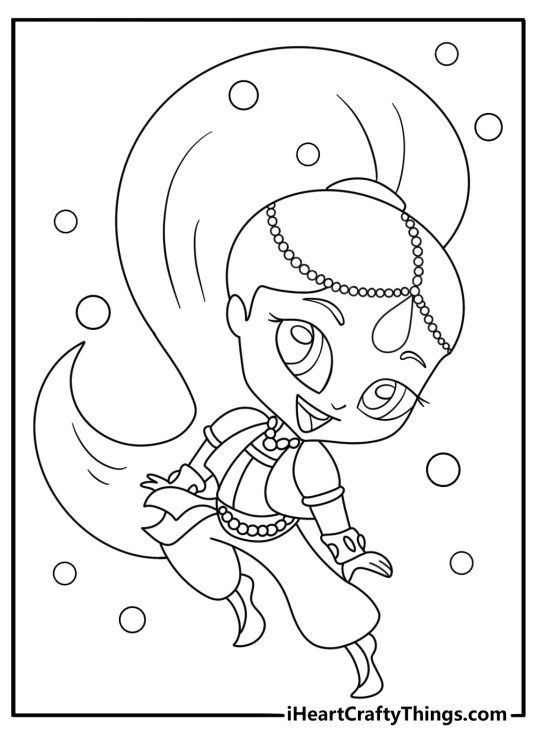 Shimmer creates floating bubbles with genie magic in this coloring page