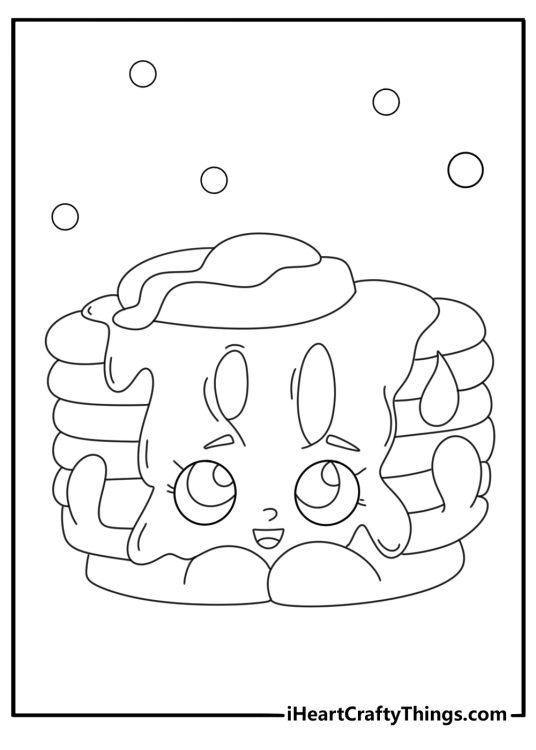 Shopkins coloring book page with pancake stack character with syrup drip