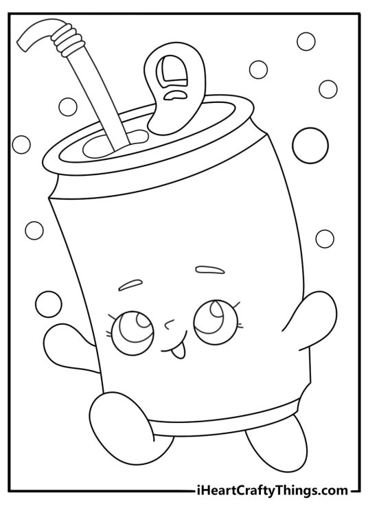 Shopkins coloring page with soda can character with straw and bubbles