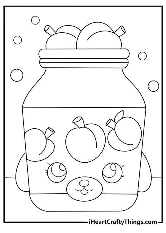 Shopkins coloring sheet with jam jar character with lid and fruit pieces inside