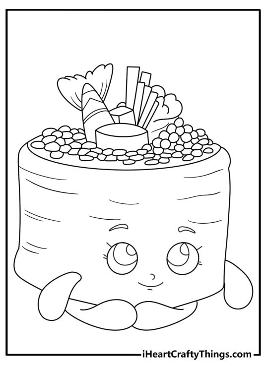 Shopkins printable coloring pages with sushi roll character with rice and seaweed