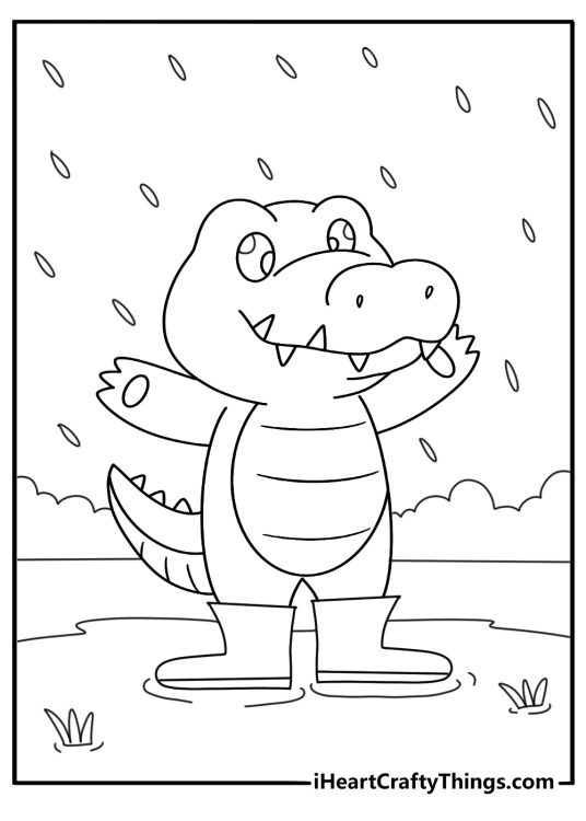 Silly crocodile coloring page with a cartoon reptile wearing rain boots