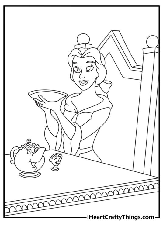 Simple Belle coloring page with Belle near a table set with talking dishes