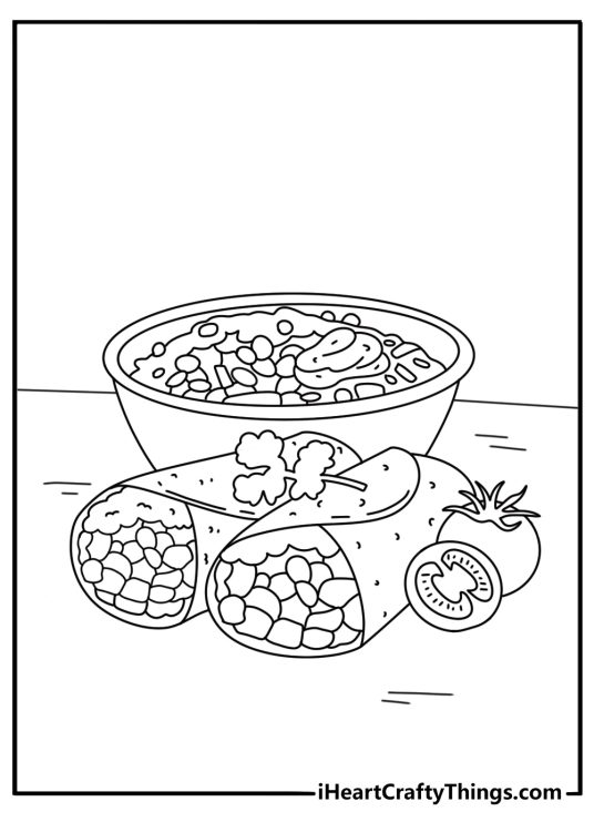 Simple Mexican coloring page with a burrito and bowl of salsa on a table