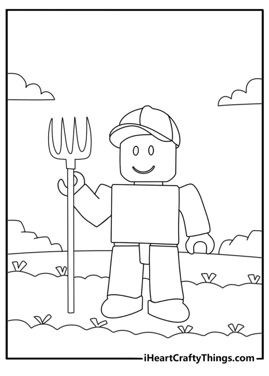 Simple Roblox coloring page with avatar farming crops in a field