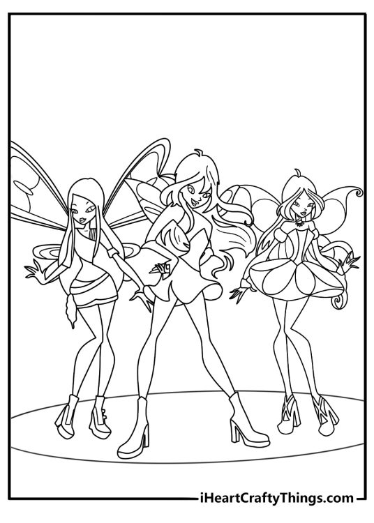 Simple Winx coloring page with the Winx Club standing in a circle with wings open