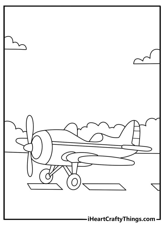 Simple airplane coloring page for preschool with a small propeller plane on a runway