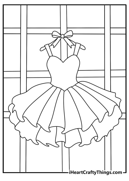 Simple ballerina coloring sheet with a ballet dress on a hanger
