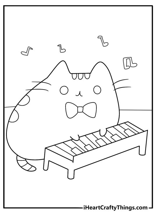 Simple coloring outline of Pusheen playing a piano with musical notes rising above the keys