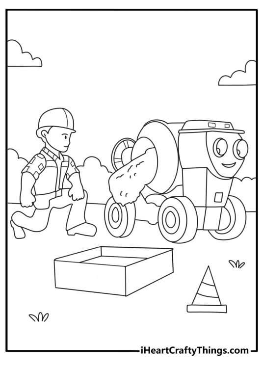 Simple coloring page showing Bob the Builder pouring cement into a mold at a build site