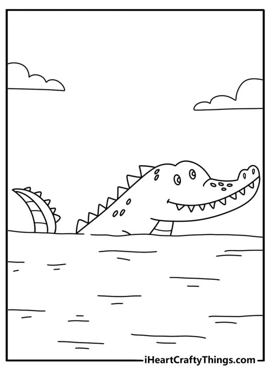 Simple crocodile coloring page with a reptile floating in calm water