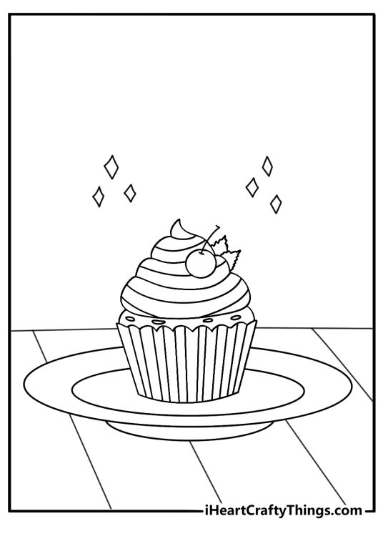 Simple cupcake coloring page with a single cupcake on a dessert plate