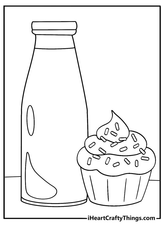 Simple cupcake coloring sheet with a cupcake beside a milk bottle