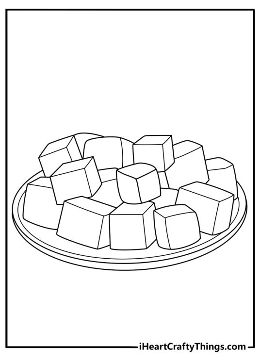 Simple dessert coloring page with bowl of gelatin cubes on plate
