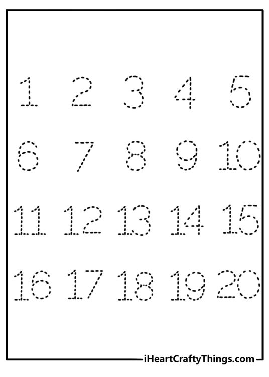 Simple number coloring sheet with traceable numbers 1 to 20 for kids printable pdf