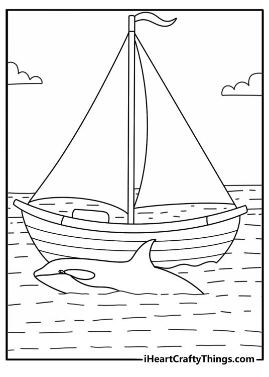 Simple orca coloring page with a killer whale surfacing near a boat