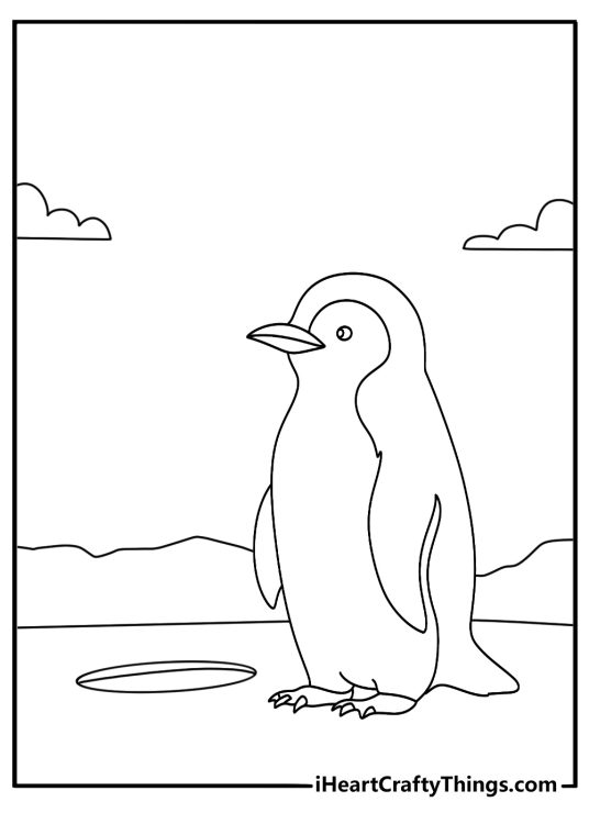 Simple penguin coloring page with a penguin standing beside an ice hole