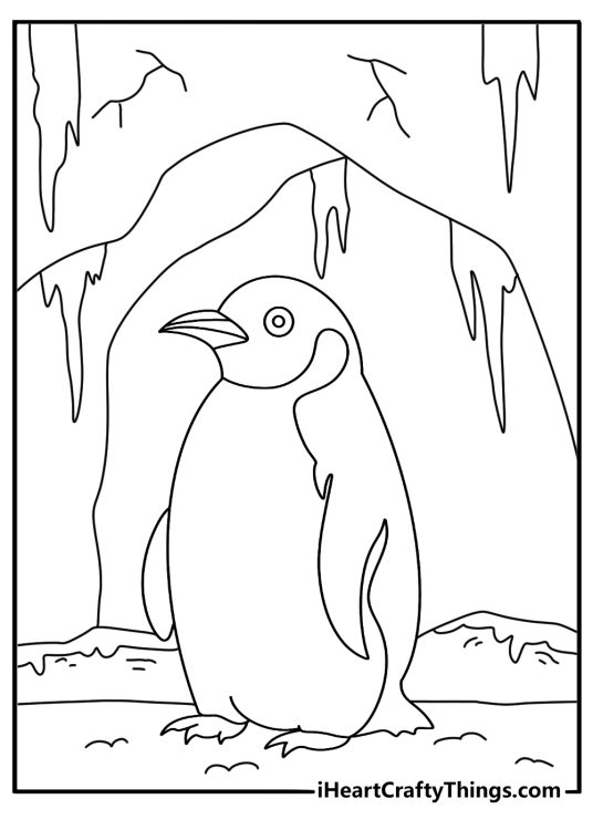 Simple penguin coloring sheet with a penguin beside a snow cave