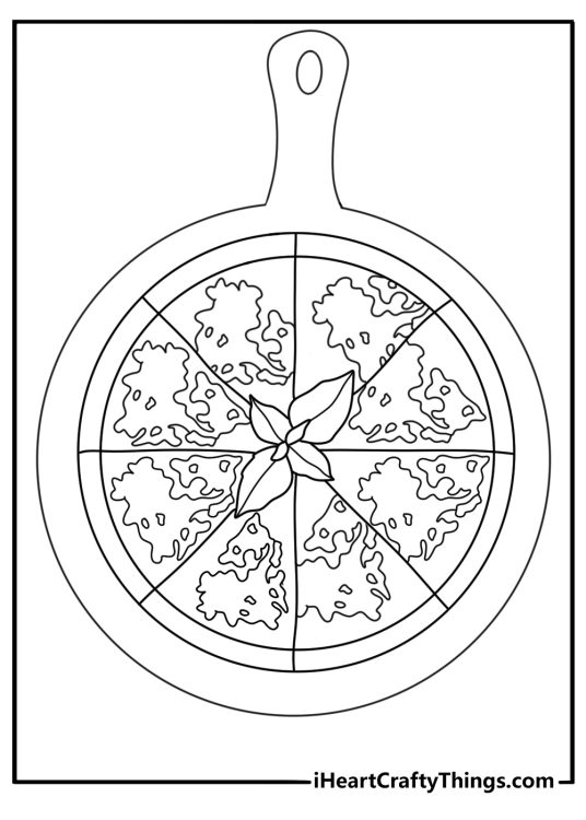 Simple pizza coloring sheet with a cheese pizza on a cutting board