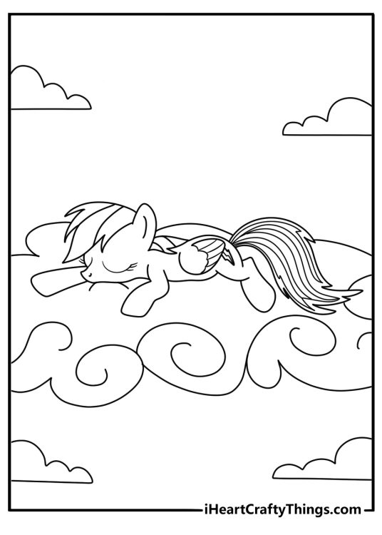 Simple printable of Rainbow Dash resting on a floating cloud