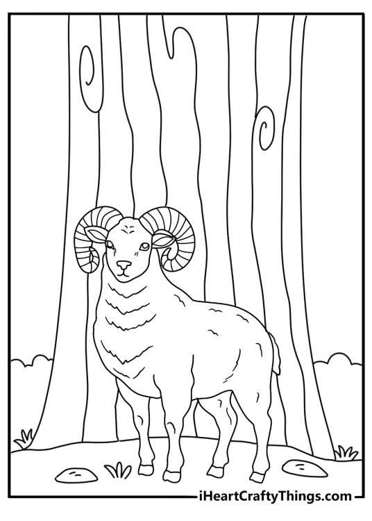 Simple sheep printable with a lamb under a large oak tree