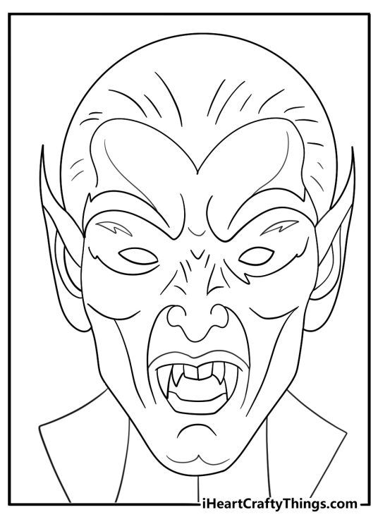 Simple vampire face close up with sharp fangs and pointy ears coloring page for kids
