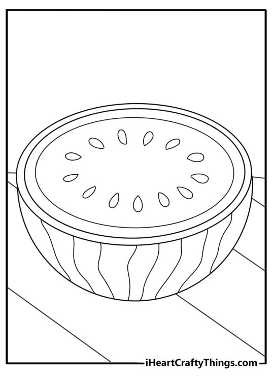 Simple watermelon coloring sheet with seeds in neat rows inside a thick rind