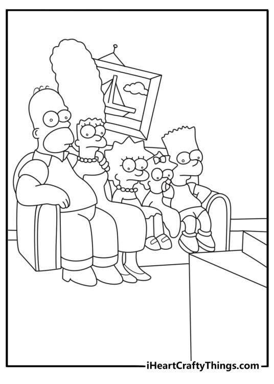 Simpson family sitting on couch watching tv printable coloring page