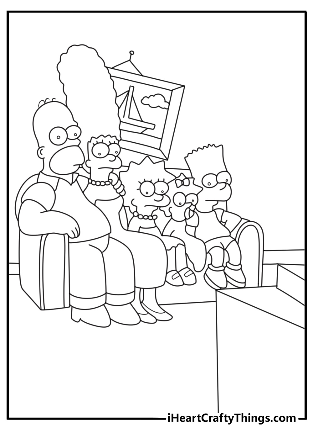 Simpson family sitting on couch watching tv printable coloring page