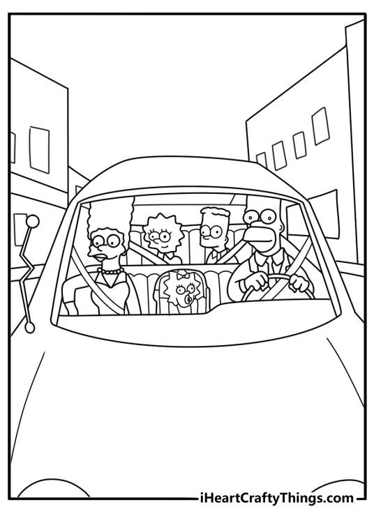Simpsons coloring page with family car on suburban street