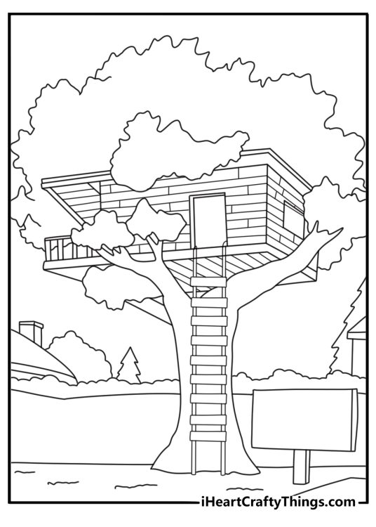 Simpsons coloring sheet with Bart treehouse backyard scene
