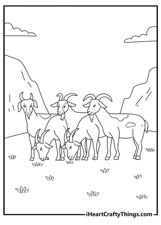 Small herd of goats on hillside path landscape coloring sheet printable