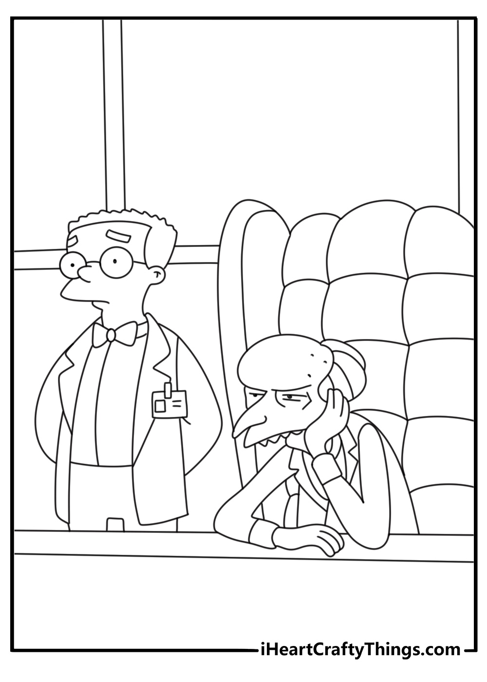 Smithers standing beside Mr Burns desk printable coloring sheet