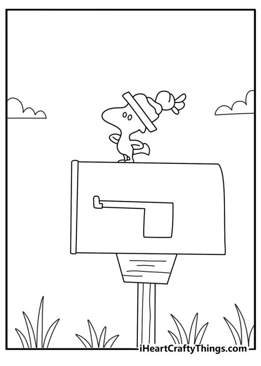 Snoopy coloring page for kids with Woodstock perched on a mailbox