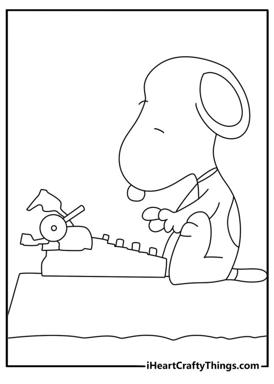 Snoopy coloring page showing him typing a story on a small typewriter