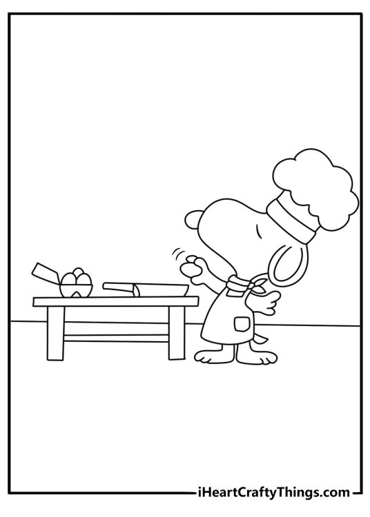 Snoopy coloring pages scene featuring him dressed as a chef in the kitchen