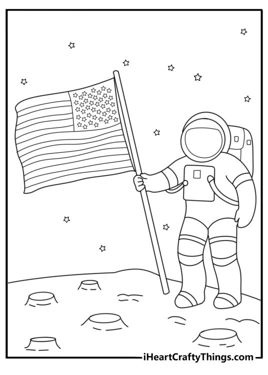 Solar System coloring page with an astronaut planting a flag on the Moon