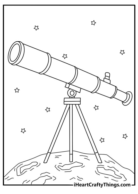 Solar System coloring pages NASA style with a telescope pointed toward deep space