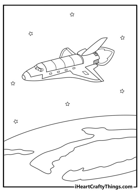 Solar System coloring pages for kids with a space shuttle near Earth