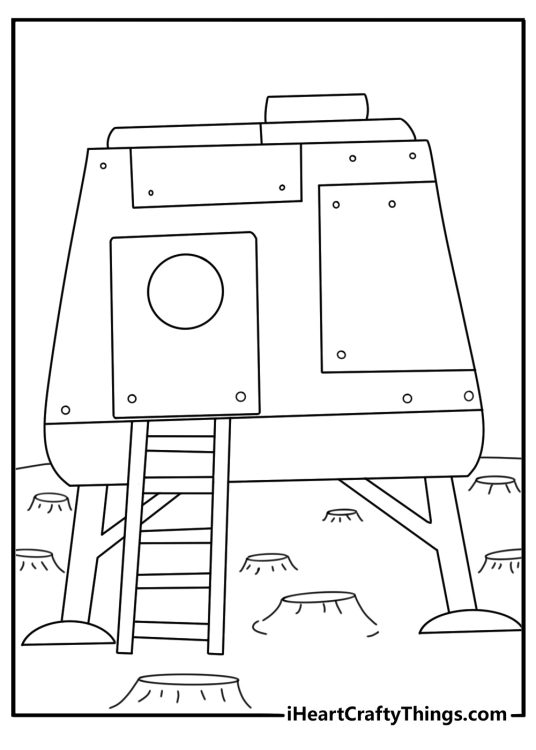 Solar System coloring pages printable pdf with a lunar lander beside Moon craters