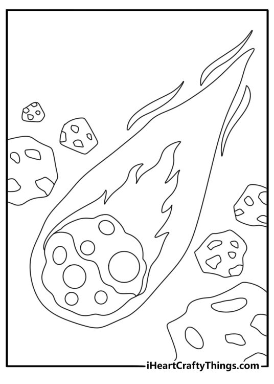 Solar System coloring sheet with a comet passing by icy space rocks