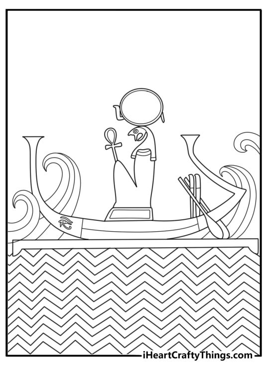 Solar barque with sun disk over waves myth themed coloring sheet