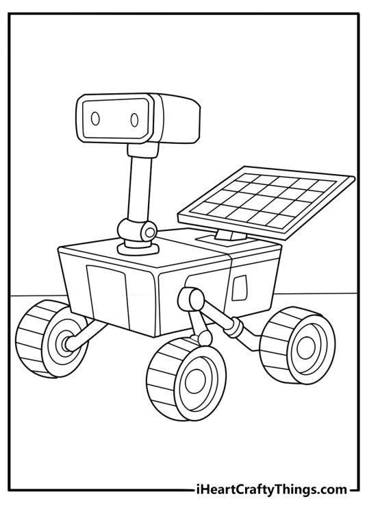 Solar powered robot coloring page with wide panel on back