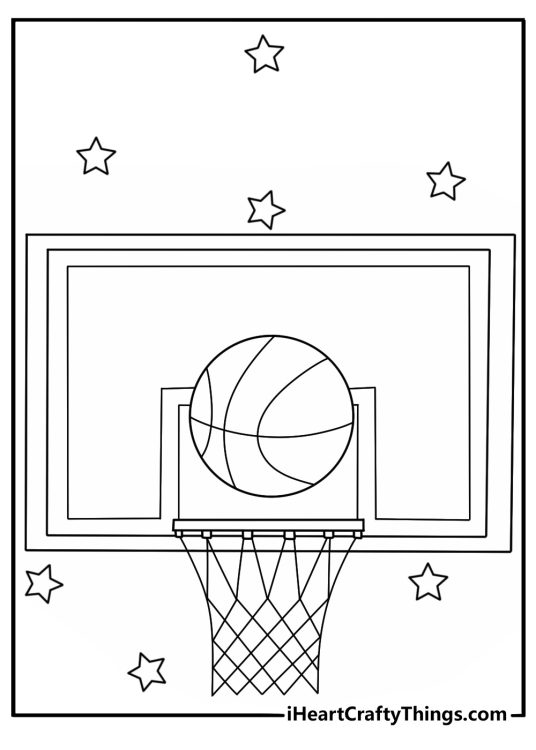 Space Jam Looney Tunes coloring page with basketball hoop and stars