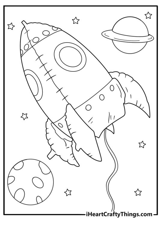 Space rocket balloon drifting among planets coloring page for kids