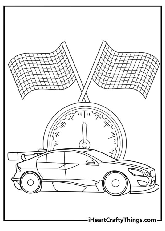 Speedometer and checkered flag with a sleek race car outline detailed coloring sheet