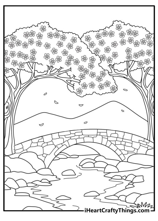Spring cherry blossom garden with footbridge cute coloring sheet pdf