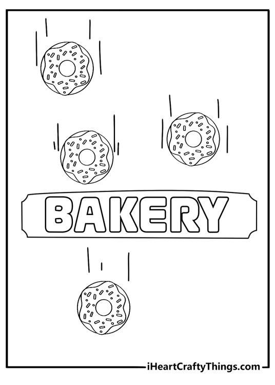 Sprinkle donut coloring page with a donut rain pattern falling over a bakery sign