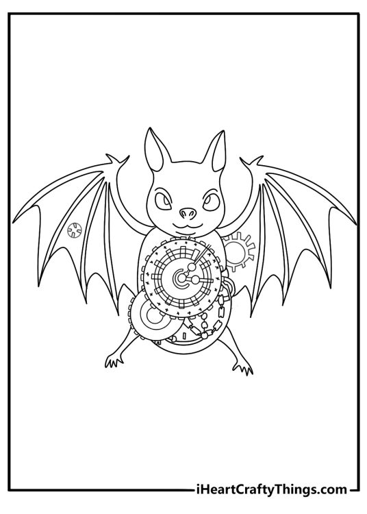 Steampunk bat coloring page with gears and clock parts creative printable