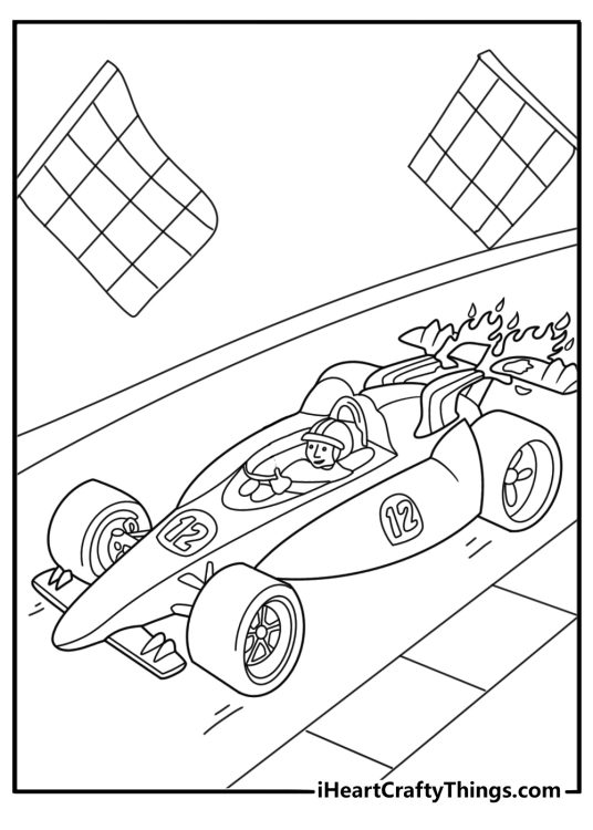 Stock race car on a banked oval turn with checkered flag background easy coloring sheet for kids